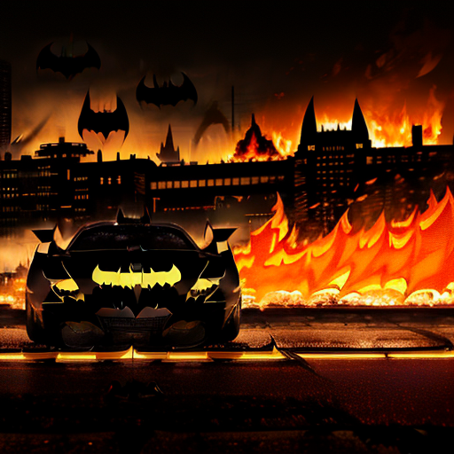 A determined Batman, silhouetted against the fiery glow of a burning Arkham Asylum in the background, getting into the Batmobile which roars to life, tires screeching against the wet asphalt as it races into the turmoil.